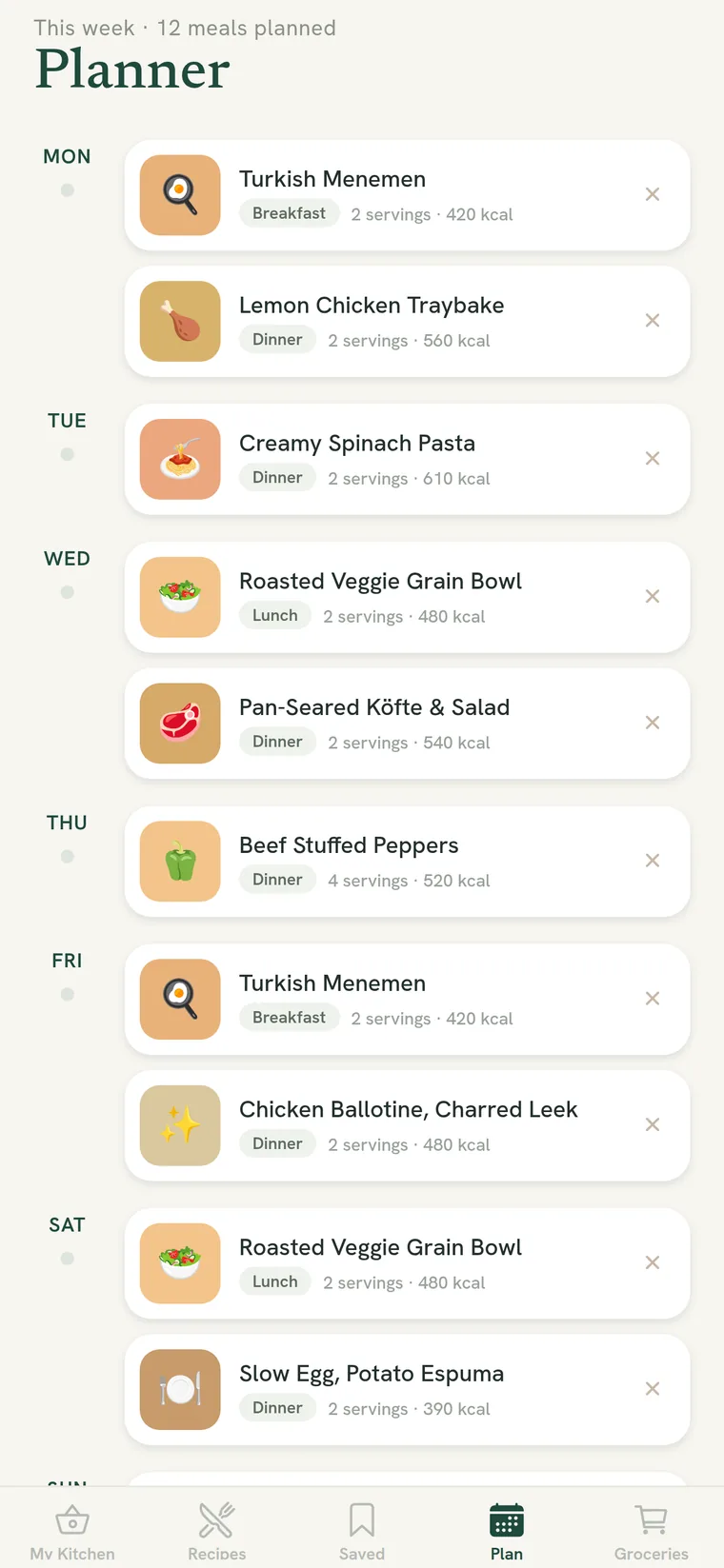 Weekly meal planner with breakfasts, lunches and dinners
