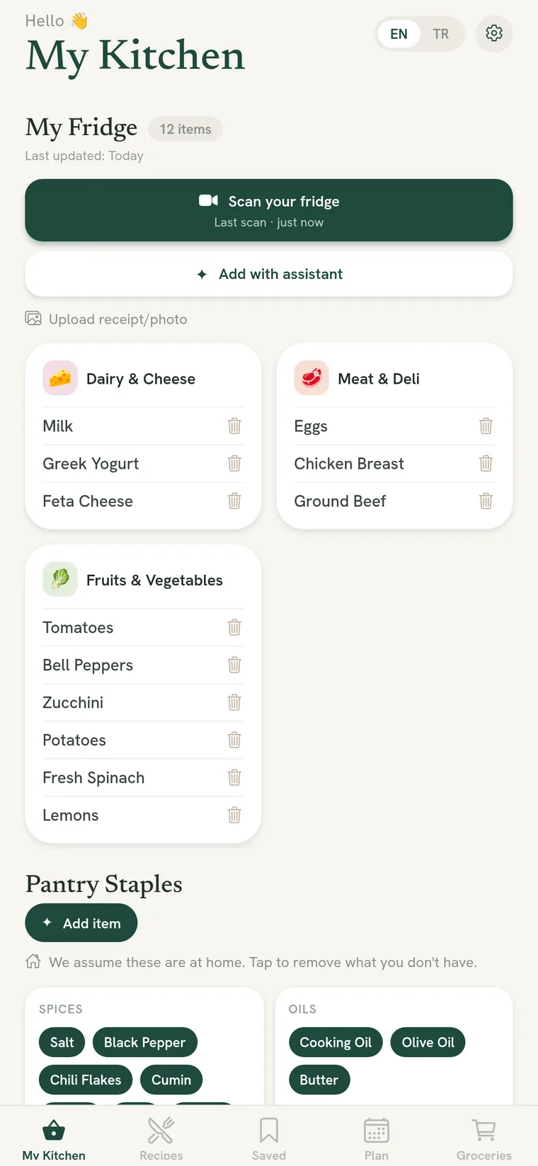 MyKitchen app showing your fridge inventory after a camera scan