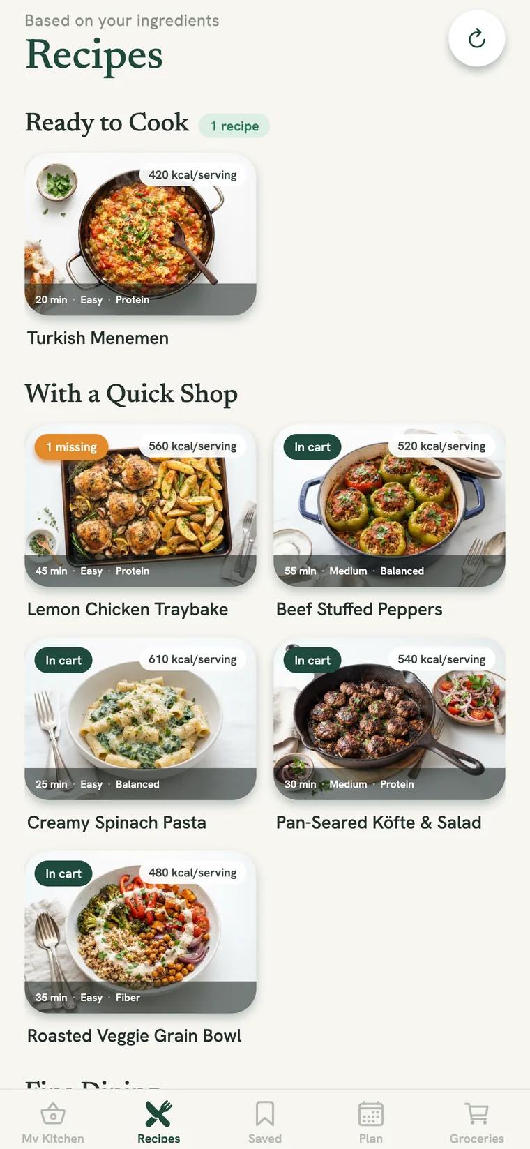 Recipe suggestions generated from your ingredients, with calories and macros