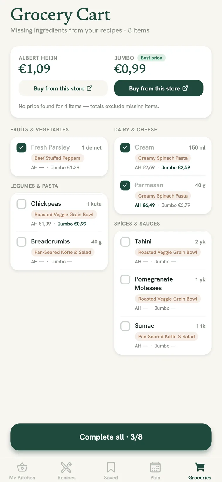 Grocery list with Albert Heijn and Jumbo price comparison and best-price badge