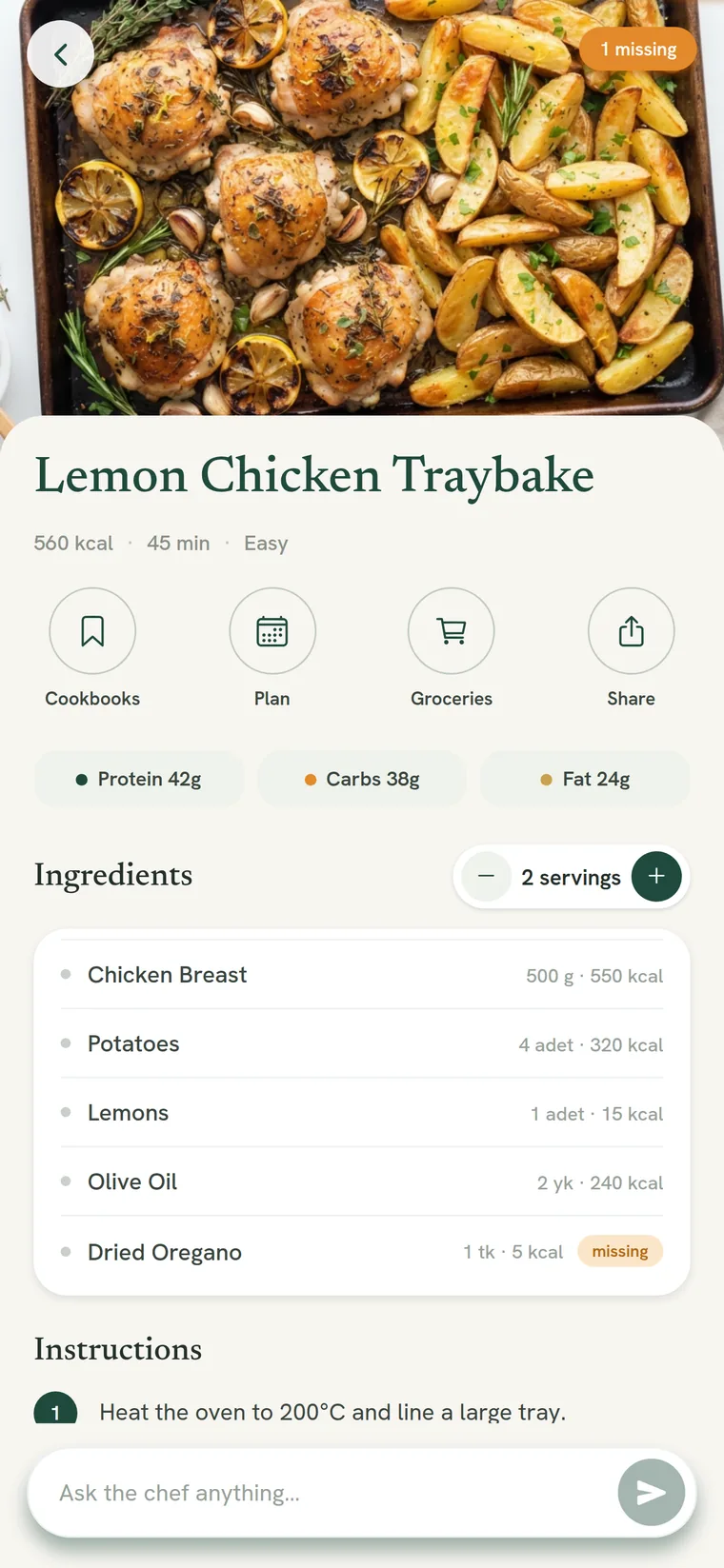 Ask the Chef assistant answering a question inside a recipe